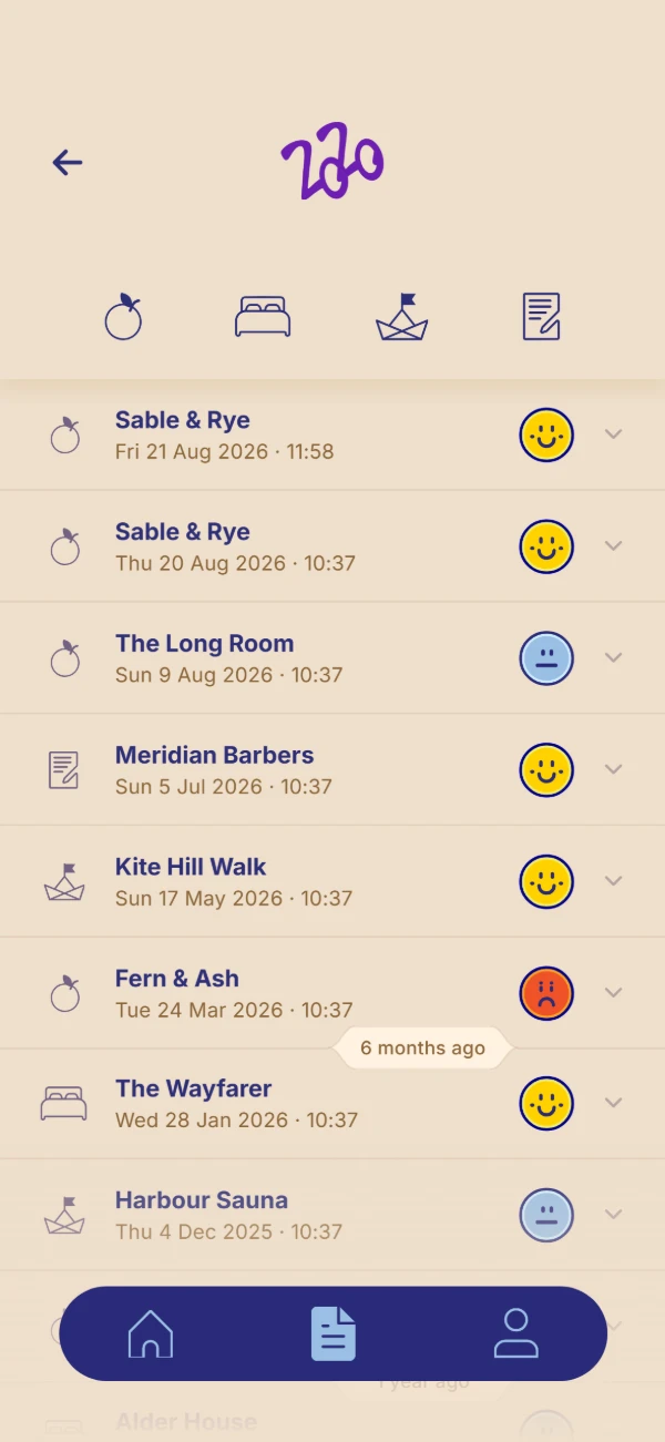 The entries list, showing logged places with how each one felt